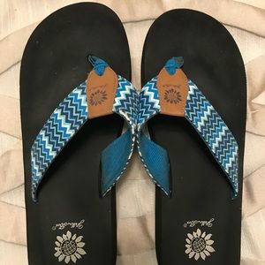 Yellow box size blue sandals